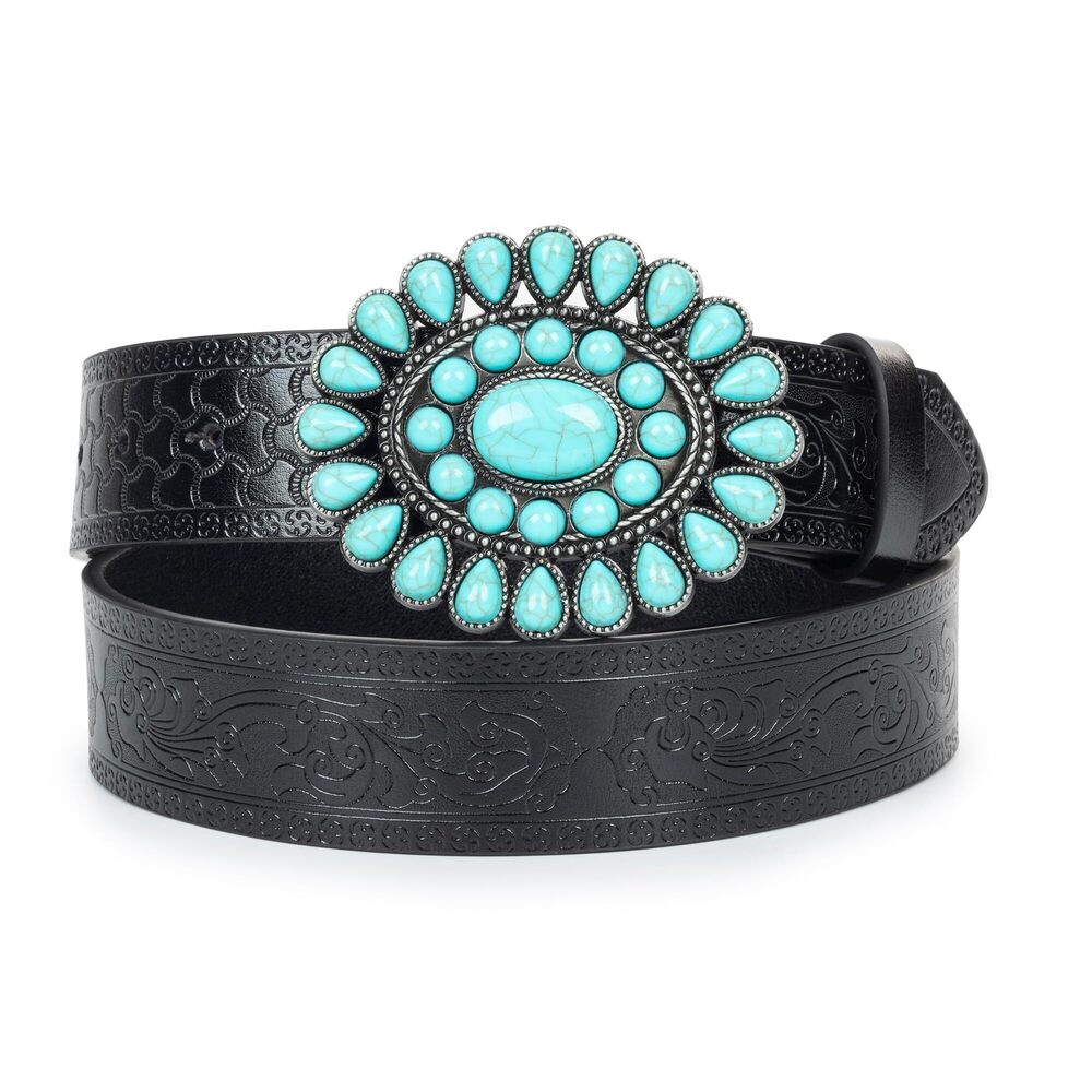 4354 Women Western-belts Rhinestone-cowboy-cowgirl Embossed Floral Pu